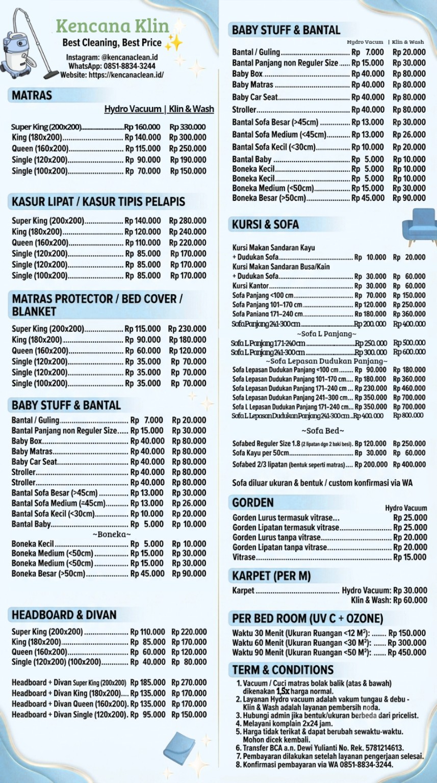 Pricelist lengkap Kencana Klin Indonesia